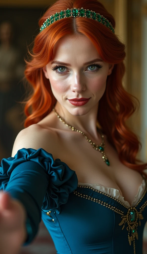 In a sumptuous Victorian bedroom, bathed in the glow of flickering candlelight, a vision of sensuality unfolds. The enchanting woman, with fiery red locks cascading like molten silk, ensnares the gaze with her emerald eyes ablaze with desire. Clad in a mesmerizing ((duotone [blue and red]) ornate corset), a tantalizing blend of crimson and ebony, she exudes opulence and allure. Every curve of her luscious form is accentuated, inviting exploration and sexuality. As she reclines upon luxurious satin sheets, her pose is a symphony of grace and seduction, beckoning you into a realm where passion knows no bounds.