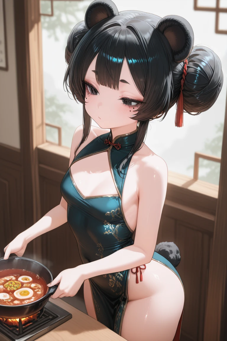 A woman in a Chinese dress holding a Chinese knife at a Chinese restaurant Giant steamer Large Breasts