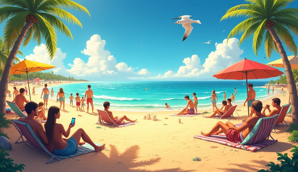 We are at the beach among people to sunbathe