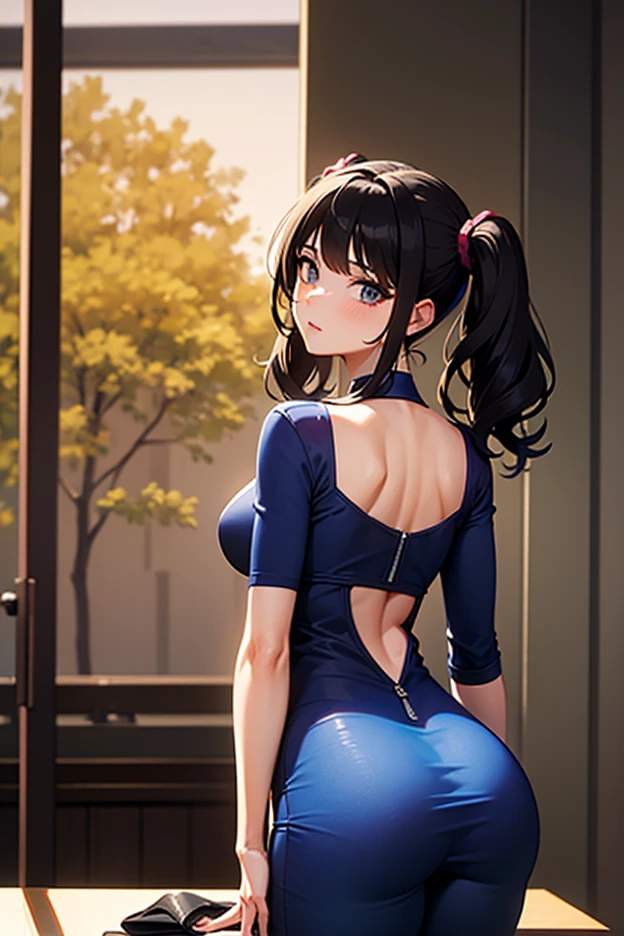 masterpiece, best quality, beautiful art, high resolution, well formed hands, body and fingers, 1 woman, solo, Paris Dylan, hair ornament, adult, grown up, big breasted, cleavage, full body, braided long hair, blue_kunoichi_dress, wearing DOA Kasumi's blue kunoichi dress, sleeveless, white stockings, gorgeous legs and thighs, dancing seductively and erotically, turning backwards and forwards, showing her back and front, showing her butt, t-back,, white thong, smiling joyfully, looking at the viewer, flirting, beach environment