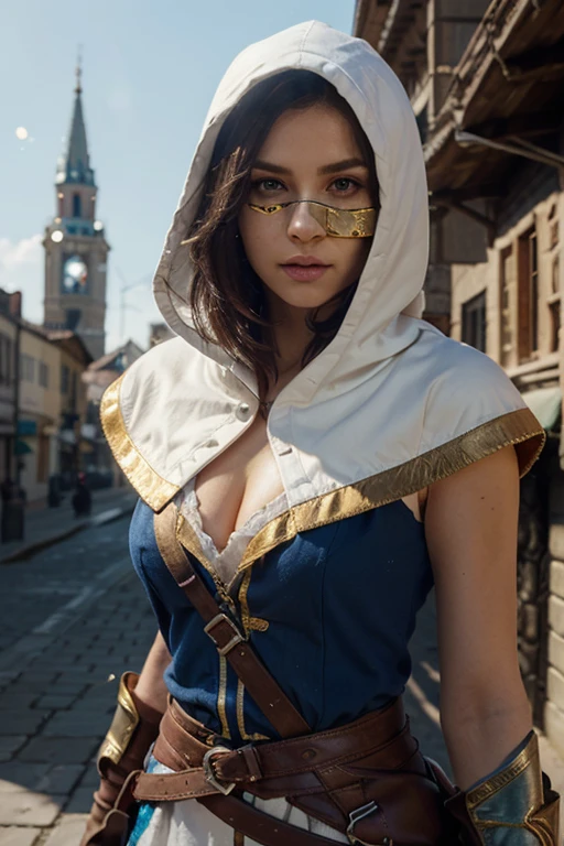 A full-body shot of depraved Princess Zelda, brown hair, blue eyes, dressed as an Assassin from Assassins Creed, in white+gold witha white mask and hood with gold details, XL bust, using a wrist blade. Background: A city during the renaissance period. Unreal Engine 5, Anime, Anime style, Masterpiece, Well drawn eyes, well drawn face, well detailed eyes, well detailed face, 8k, light and shadow effect.