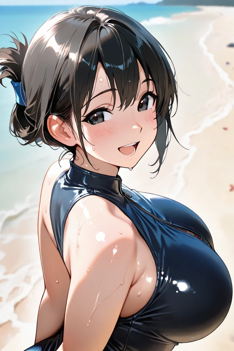 (masterpiece, best quality:1.2), cowboy shot, solo, 1girl, mavis dracula, smile, looking at viewer, arms behind back, black dress, striped thighhighs, wet, sweat, big breasts, huge ass, nsfw, anal sex, doggy sex