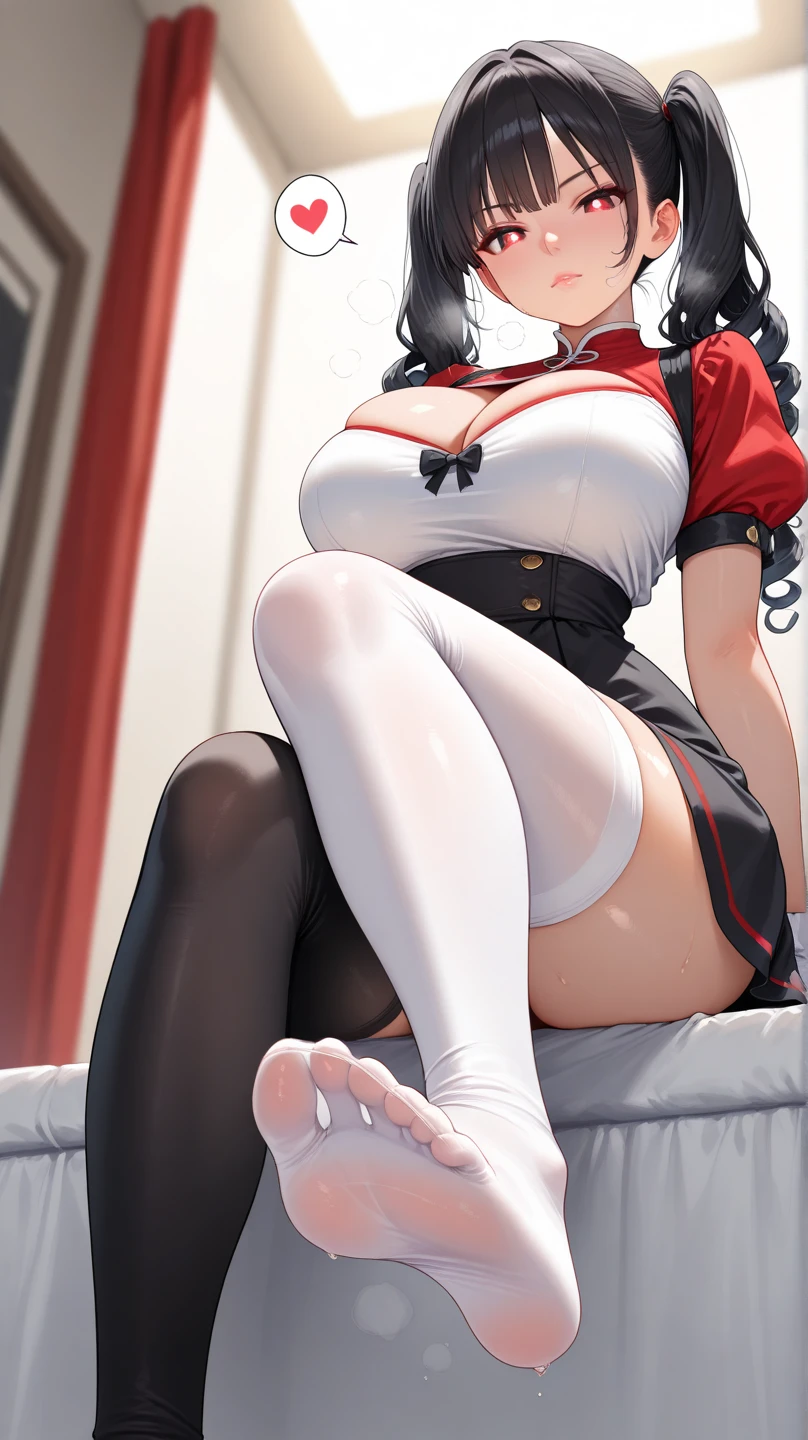 Masterpiece、Highest quality、Highest quality, (Long, slender legs, shoes:1.2), (squat while sleeping, Spread your legs), 1 girl, (smile、Open your mouth大笑い:1.2), Cute eyes, (Detailed face:1.3)、Open your mouth, The whole face turns red, alone, Oversized breasts, Big and ample breasts, (Straight bangs, Twin tails:1.2), (White maid outfit:1.2)、(Nipples、Ultra-micro bikini that only covers the bust digs into the skin:1.2)、Side bust、Underbust、belly button、Walking through the mansion'corridor、Browsing Caution、shoes下