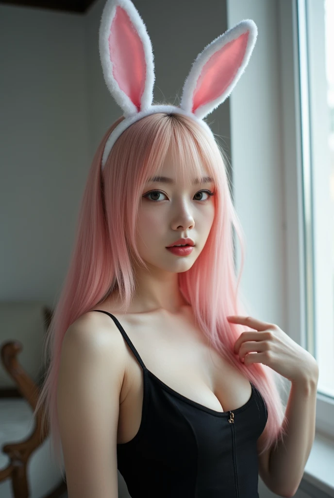 There is a girl with long hair,Wide-open and closed squat position,Rabbit ears and pink bow, Girl with cat ears, with bunny ears, lalisa manobal, belle delphine, Lalisa Manoban in blackpink, short detailed hair,Colorful hair color、slightly drooping eyes、 very beautiful cute catgirl, young cute wan asian face, ulzzangs, wearing pink hair bow, portrait of jossi of blackpink