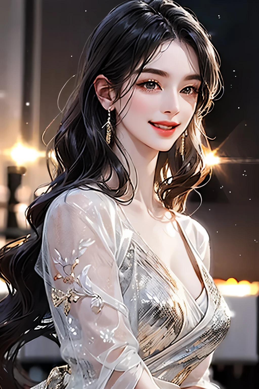 woman, long black hair, elegant, spotlight, shinning, actress, on the stage, smile, beautiful woman, luxury, half body, close up