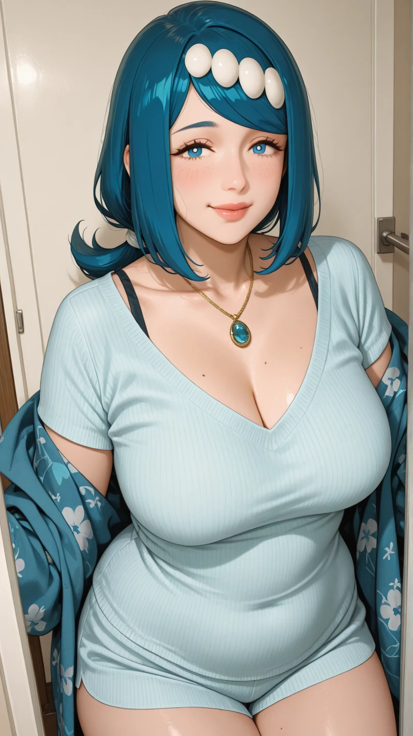 1 girl, bright blue hair, orange sweater, outdoor, long hair, breasts, smile, detailed face, beautiful detailed eyes, beautiful detailed lips, extremely detailed eyes and face, long eyelashes, (best quality, 4k, 8k, highres, masterpiece:1.2), ultra-detailed, (realistic, photorealistic, photo-realistic:1.37), portraiture, vibrant colors, natural lighting, warm tones, large breast, sensual Perfect body.
