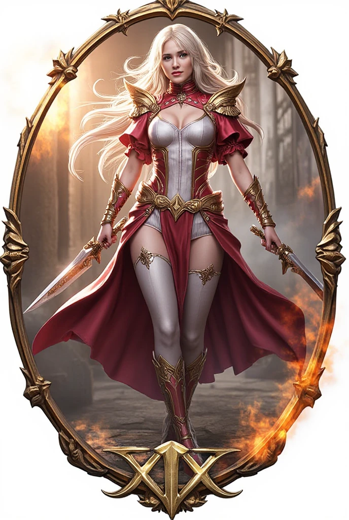 (master piece:1.8), (best quality:1.8), (exquisite lighting and shadow, highly dramatic picture, cinematic lens effect) 8k, wallpaper, dynamic pose, one foot in the floor one bend leg in the air, looking at the viewer, Full Body female long gray hair waving in the air dark fantasy warrior lady wearing an intricate elaborate futuristic thin super hero red suit with white notorious ornament lines no sleeves, with a big shiny gold crown with red gems, with large middle thighs red leather boots, holding two fire orbs in the hands, thin waist, notorious hips, super sexy girl, frown look in the eyes, fire explosion behind, ethereal lightning, sharp focus