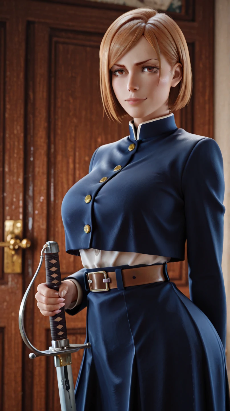 (best quality:1.3), (4k quality),(sharp image), Nobara, ((Detailed face)), ((masterpiece face)),((perfect detailed eyes)) (blush), Nobara, brown hair, short brown hair, brown eyes, pink lips, pink lips, sly face, face with stern features, ((detailed face)), perfect face, highly detailed eyes, masterpiece, absurdres , (intricate details), (colorful),cinematic lighting, extremely detailed CG unity 8k wallpaper , 1girl, solo, mature female, erected tits, fit body, cameltoe, dark blue uniform with skirt and stockings, (tricky glance, wicked smile), classroom, ((perfect small erected breast)), standing and showing her ass, from behind bottom