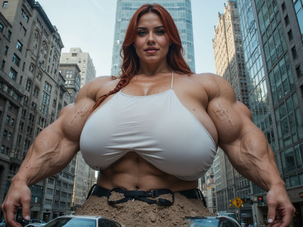 A very big, buff, giant, female bodybuilder, muscle goddess, with long ginger hair, huge arms and huge legs, big boobs, flexing her enormous, giant muscles, big beautiful eyes, walking barefoot, in Bakewell town centre, wearing ripped jean shorts, topless naked giant boobs, photorealistic