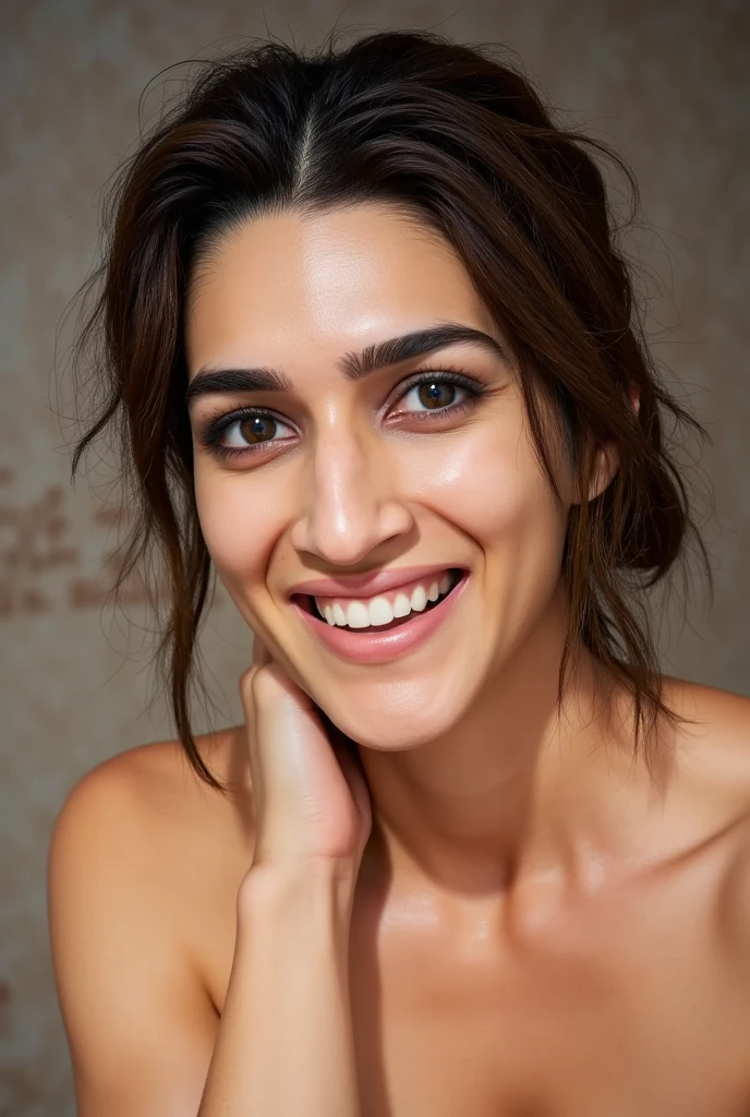 Front view of half body photo,selfie style, ultrarealistic ((hires half body close up photo)) of a 30-year-old krsa woman,(((milf body))), outdoors, looking at camera, (micro bikini showing cleavage and navel), smiling, flowing hair, night time, bedroom, dark theme , fleshy face and body, tall figure,(( cleavage,fleshy navel)), (big cheeks)