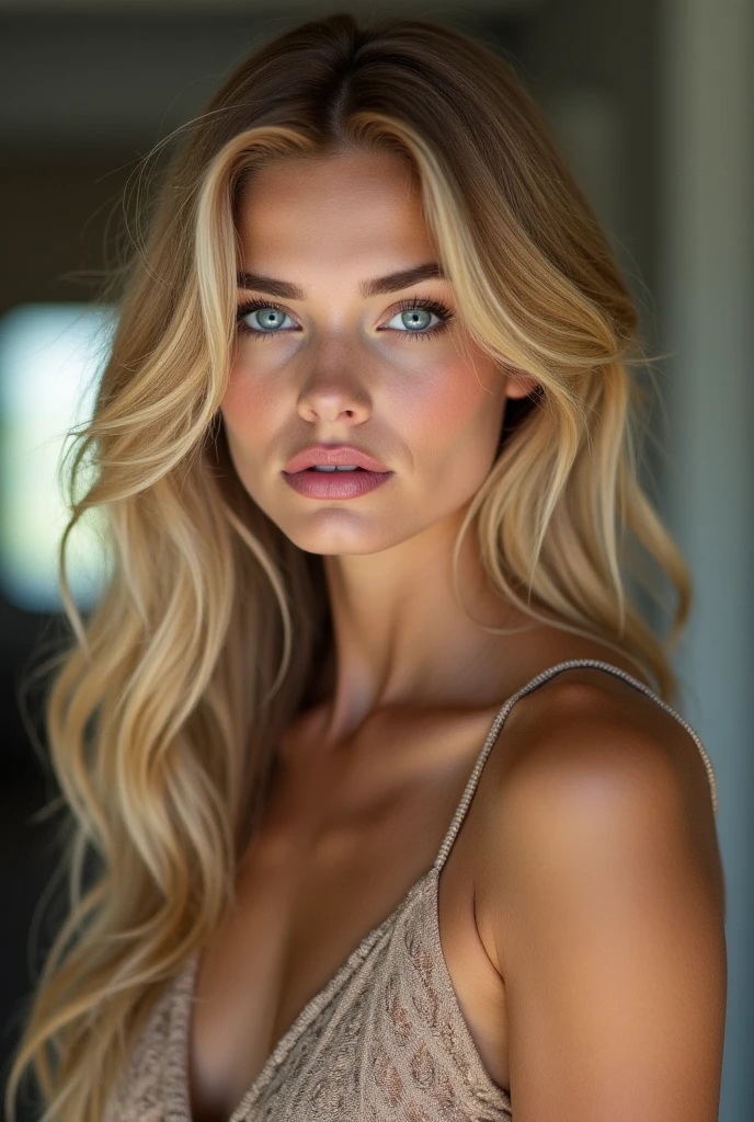 (HD Photography:1.6), Best quality, professional portrait, Ultra detailed, 8 K, professional lighting, f2.8, headshot, beautiful girl, Cute, perfect skin, (long blonde hair:1.3), very detailed eyes, Eye color blue , mascara, Heavy eye makeup, detailed skin, Very busty, (pale skin:1.2), hips