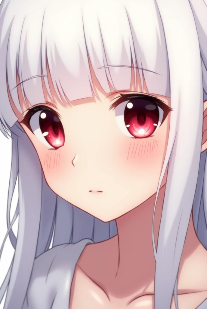 ((((1girl:1.5)))), white hair, red eyes, long hair, (collarbone:1.4), (2d, chibi, cute, cute, small , big eyes), ((((rose)))), skin color white, background/(in the room ,modern girl's room, bed, Soft mood lighting)