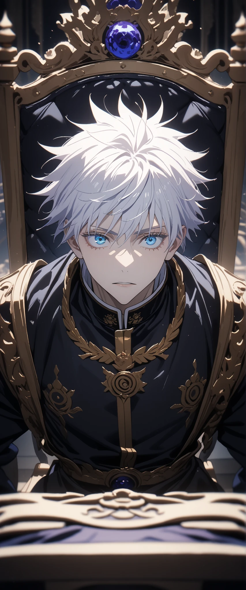 8k,masterpiece,highest quality,Man,frontal,Close-up,Gojo Satoru,alone,white hair,blue eyes,ego,Sitting in a high royal chair