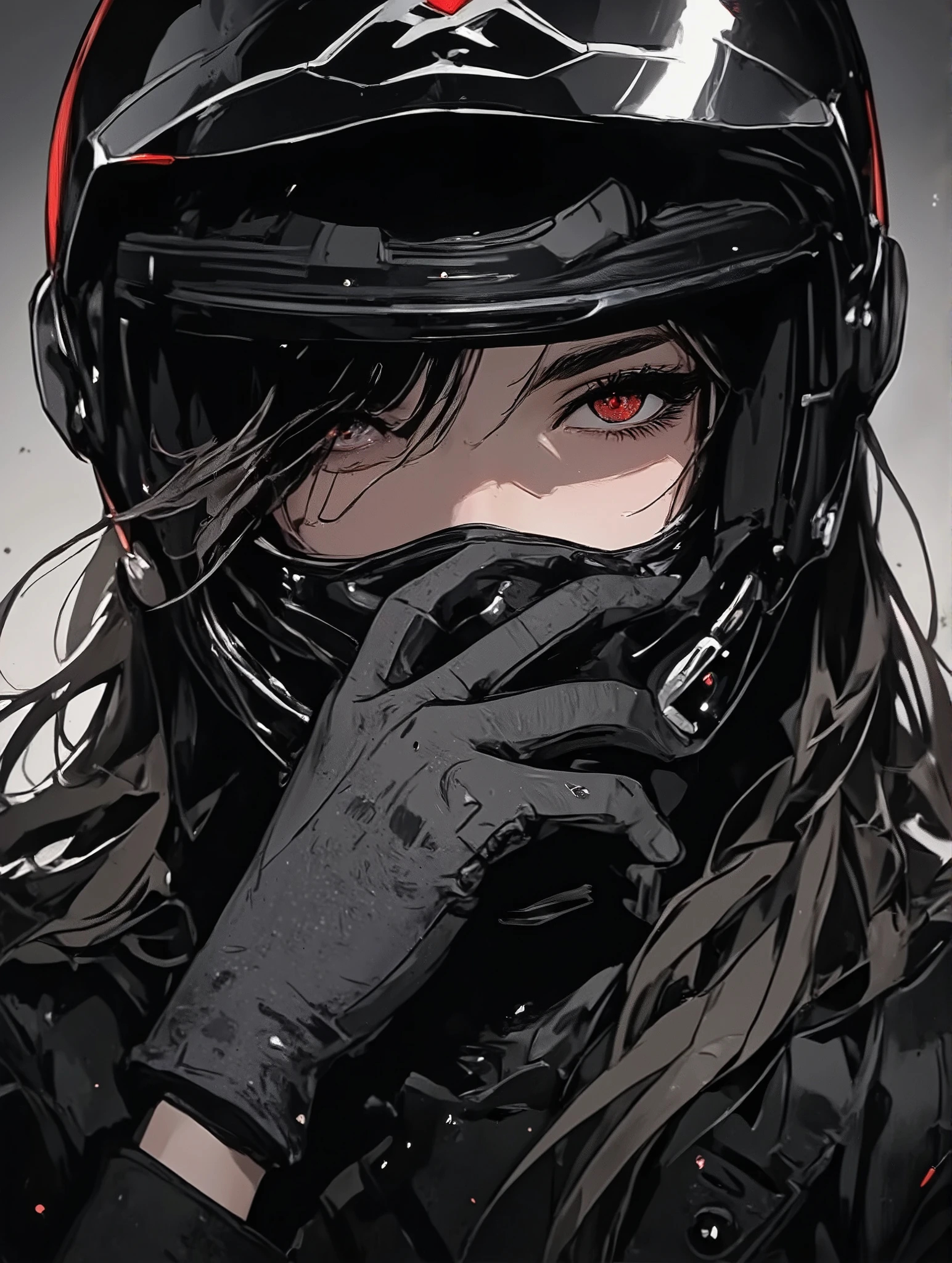Image is a digital illustration featuring a close-up of a person wearing a sleek, black motorcycle helmet with a glossy finish. The helmet has a distinctive red and white logo on the forehead area. The visor is slightly open, revealing intense eyes with a striking red hue. The person has long, flowing dark hair that cascades out from under the helmet. They are wearing black gloves with a textured pattern, and one hand is raised to the face, partially covering the mouth. The background is a gradient of gray, adding depth to the composition. The overall style is detailed and realistic, with a focus on the dramatic expression and the interplay of light and shadow on the helmet and hair.