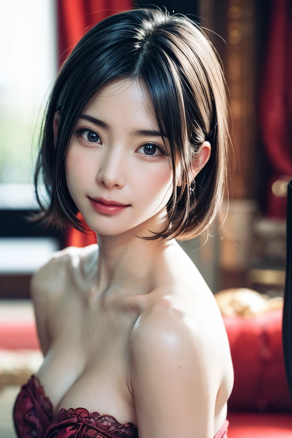 (top quality, 8k, masterpiece: 1.3), pretty woman with perfect figure: 1.4, dark brown hair, big, wearing pendants, torn shorts, sleeping in bedroom, very detailed face and skin, detailed eyes, double eyelids, top quality, masterpiece, (photorealistic: 1.4), one woman, golden ratio, high angle shot, upper eye care, low angle shot, perfect face, beautiful figure, cute face, face close-up, zoom in on face, short bob, short hair, smile from different angles, smile, gloss, highlight, gloss, glossy on skin, glossy on skin, wet skin, wet, bangs, cute smile, bust, off-shoulder, refreshing charm, elegant, perfect hands, smile from angle, smile, shiny, highlight, glossy skin, bangs, bust, big, Warm off-shoulder, refreshing charm, ears out, gaze to the camera, poses at different angles