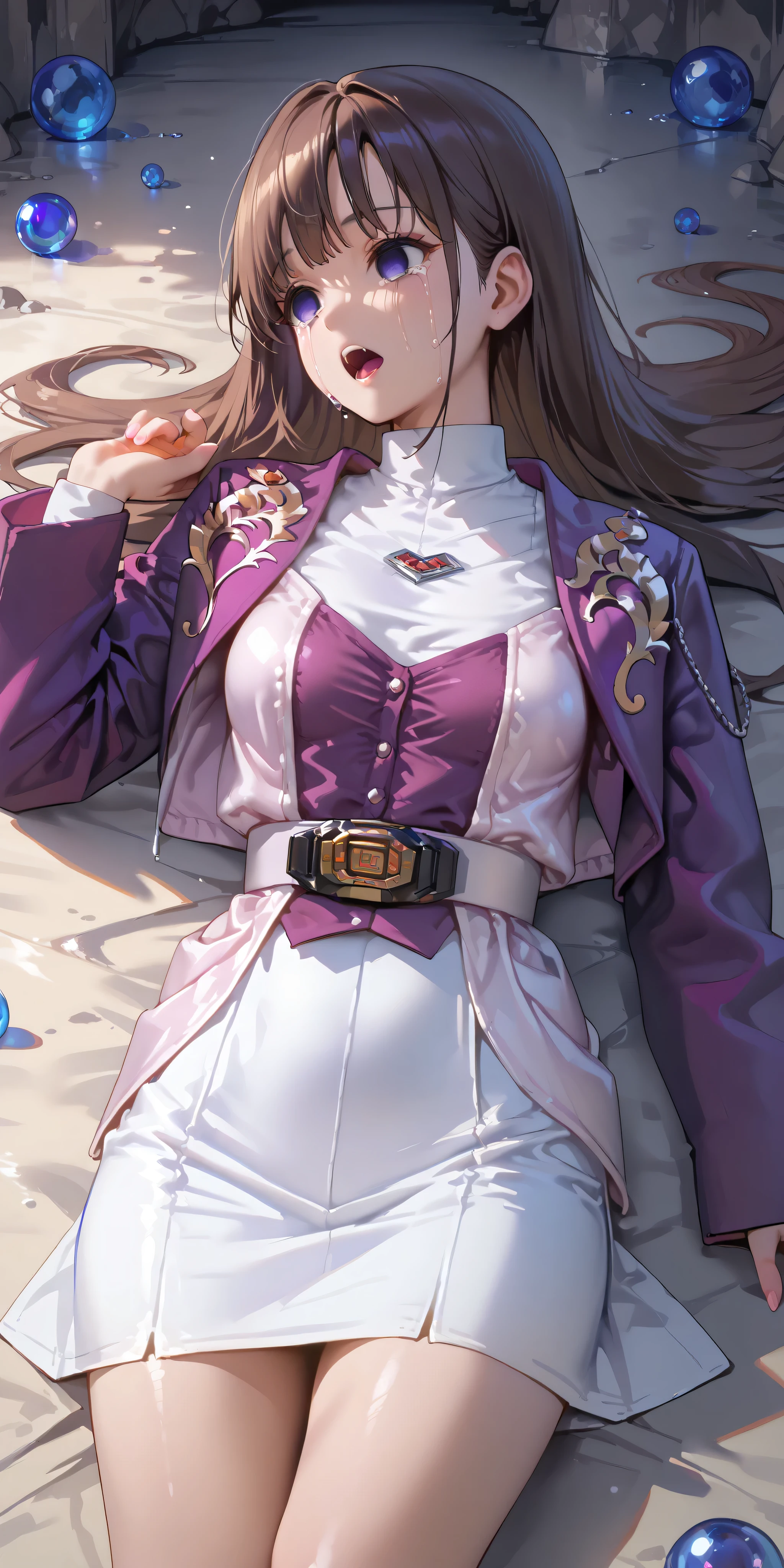 (高精細CG), (best quality), IN THE CAVE,1 girl, perfect face, wide hips, Slim waist, , purple bolero jacket,white skirt,long sleeve, Pink Belt, straight and long hair , brown hair, ((( empty eyes ))),crying,opening mouth,lying on the ground on your back,