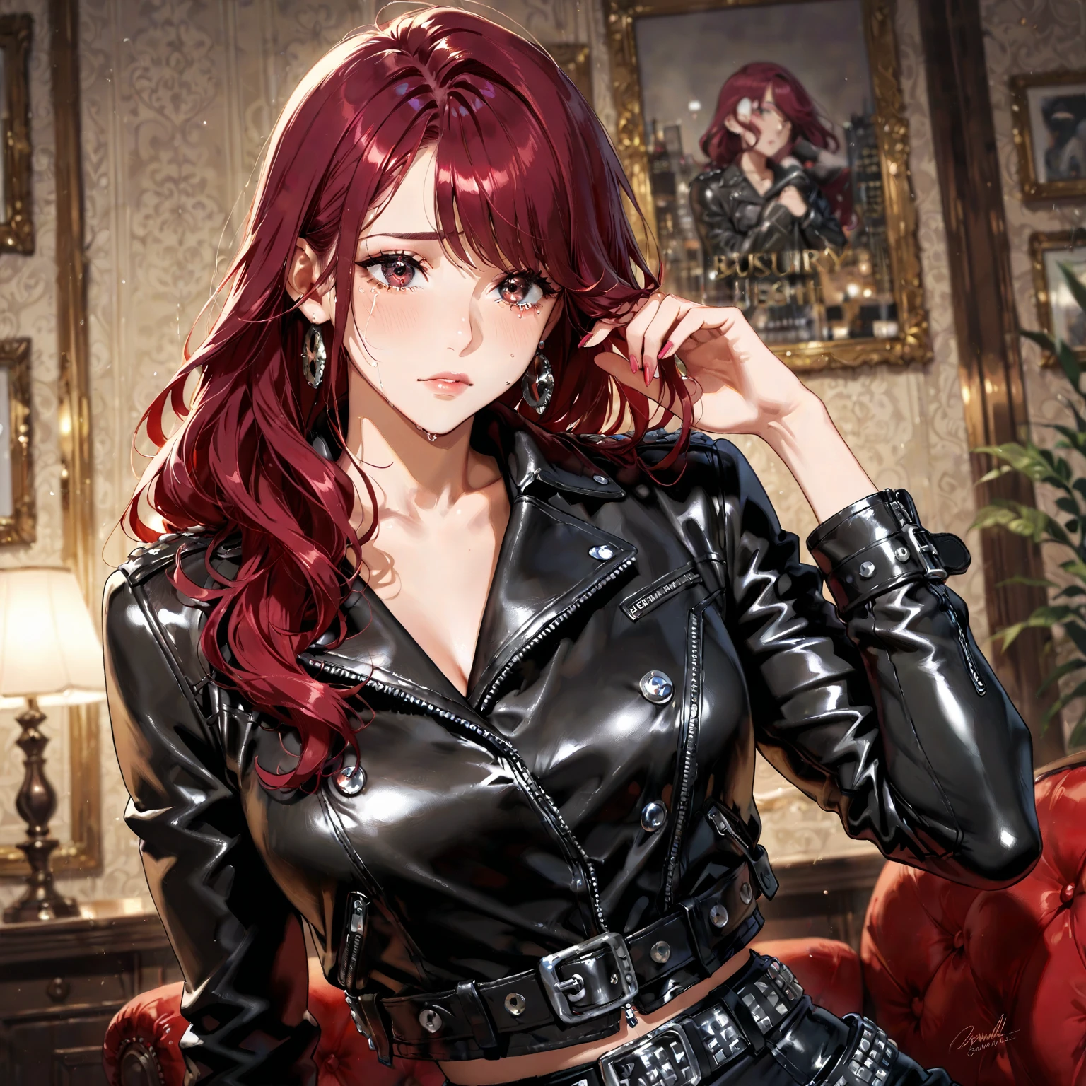 a mature woman, green eyes, red hair with long bangs, noble, mafia. sadistic women, wavy long hair. wear black purple winter jacket. strong woman. background in mansion