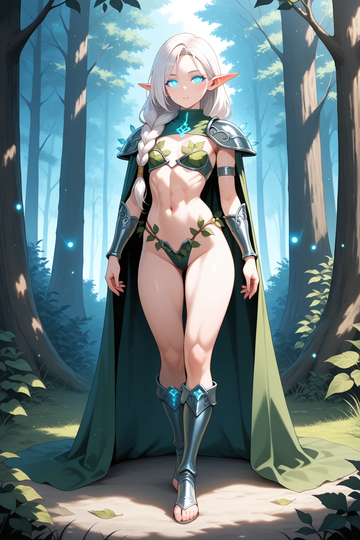 (masterpiece, best quality), (full body:1.6), standing (small fighting elven 1girl:1.6),(magical),(cute,adorable:1.3),blonde hair, green eyes, medium breast, beautiful, detailed, enchanted breastplate with precious gemstones, white thigh-high greaves, seductive pose, in a forest, magic flora, detailed face and eyes, volumetric light,(ultra quality skin:1.7)