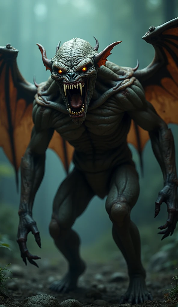 a creature without hind legs, a long, pointed tail, sharp teeth, I have a bone mask that is smiling in a macabre way, My eyes are red with white pupils, some big wings that are my front legs, My body is completely made of flesh without skin, small sharp bones sticking out of my back, I have a not very strong but somewhat disgusting smell and sharp bone claws
