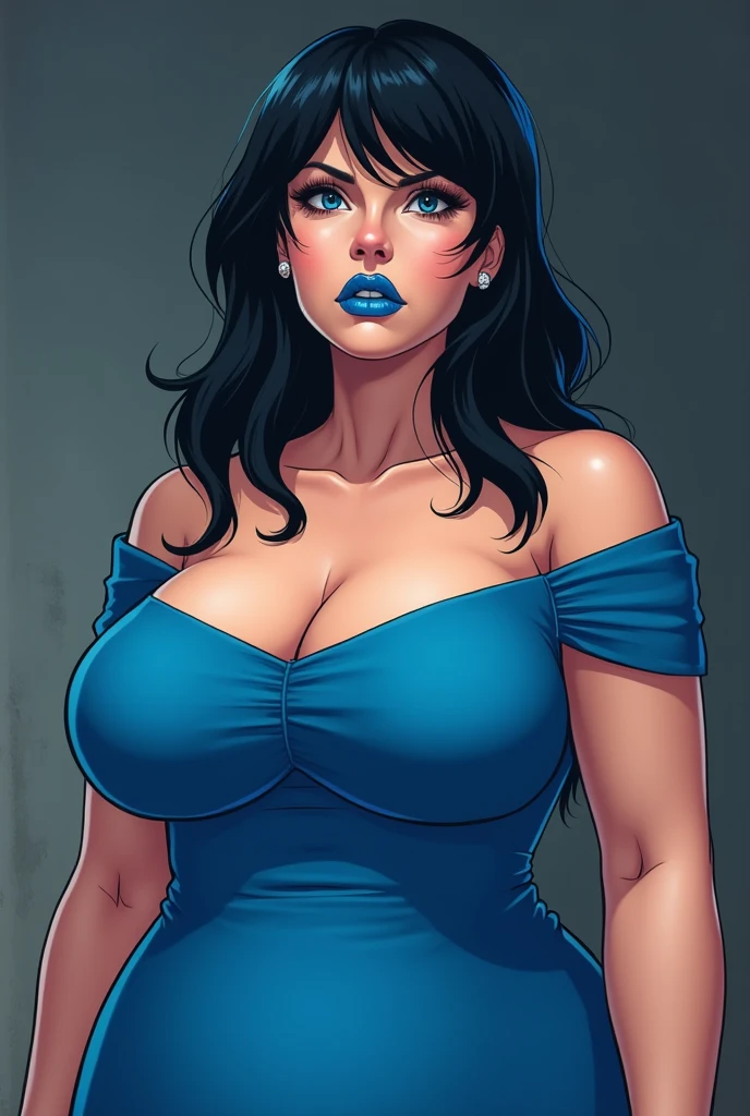 trans Male to female, plump pursed lips, freckles, long curly blue hair with bangs, crystal blue eyes with smoky eye shadow and black eyeliner, black semi-matte lipstick, pale to sun-kissed skin, flirty smug smile, teal sundress, large futanari bulge