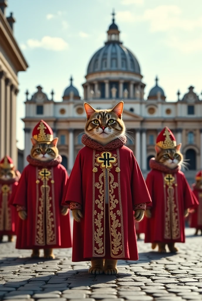 Digital art: A group of cats dressed as cardinals stroll through the Vatican. High-quality photography. St. Peter's Square in Rome in the background.