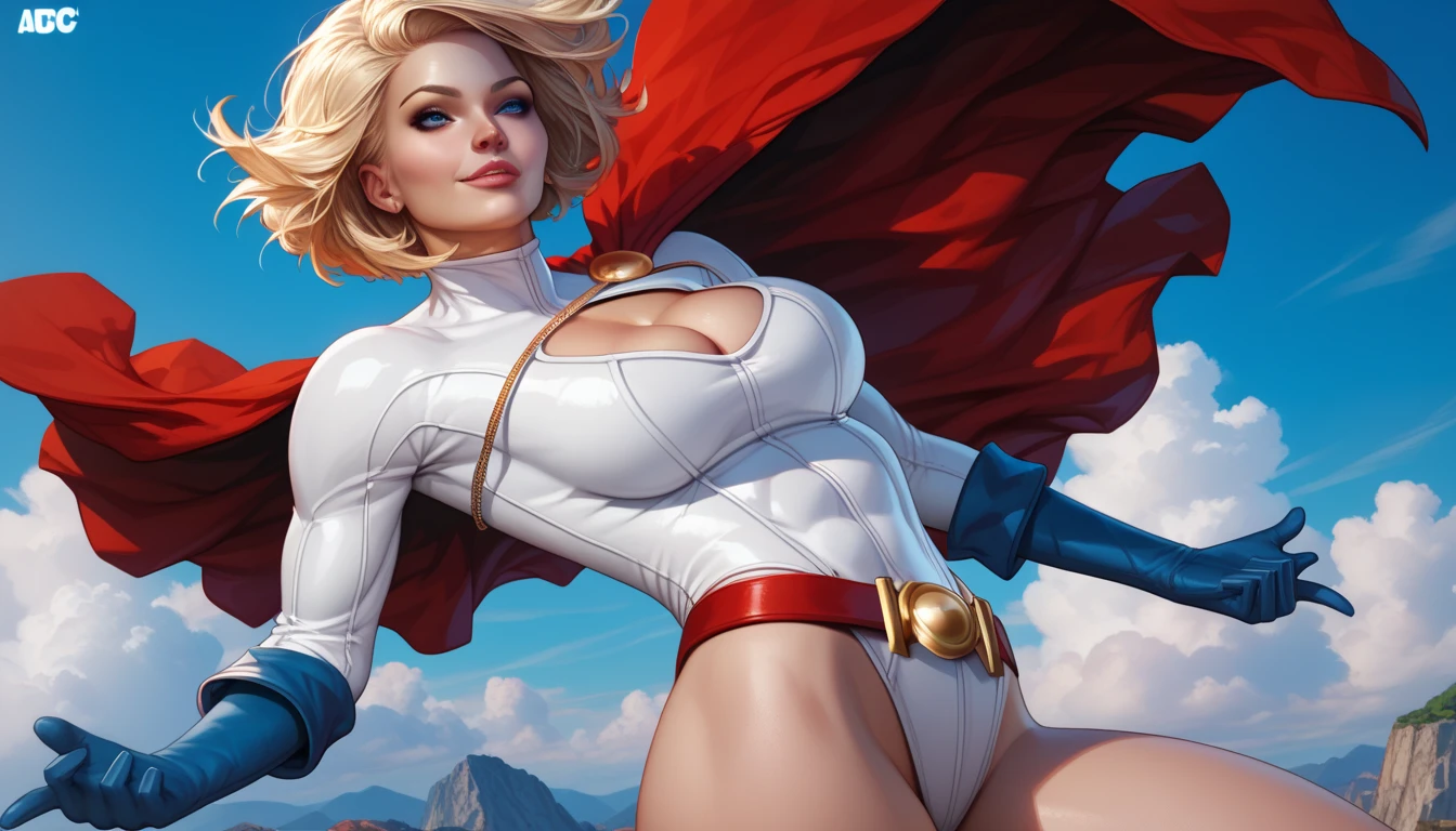 Power Girl da DC Comics,(best qualityer,4K,8k,high resolution,work of art:1.2)(weather: windy),battle ruins,Gotham,short hair,ultra detailed,realisitic,portraite,beautiful detailed blue eyes,beautiful detailed lips,bodycon skirt,striped panties,uncovered belly,extremely detailed eye and face, long eyelashes,sexly,average,large breasts,cleavage,flying hair,gloves,beaming smile,powerful girl in a battle,combat pose,stunning curves,bright coloured,dramatic lighting,battle background,composition,red cape,