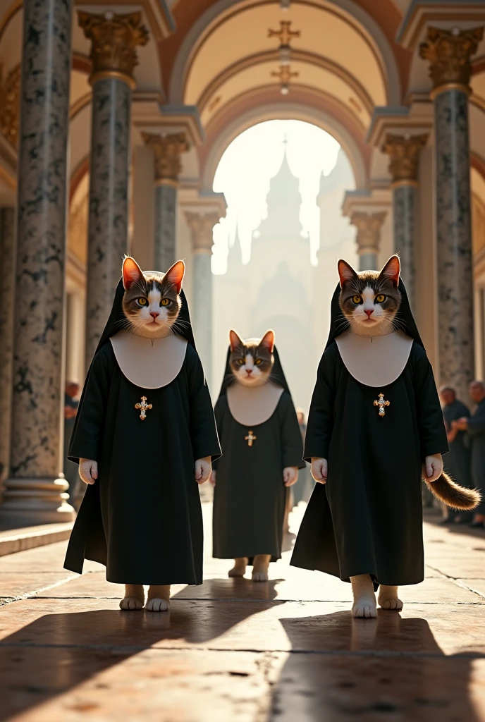 Digital art: A group of cats dressed as cardinals stroll through the Vatican. High-quality photography. St. Peter's Square in Rome in the background.