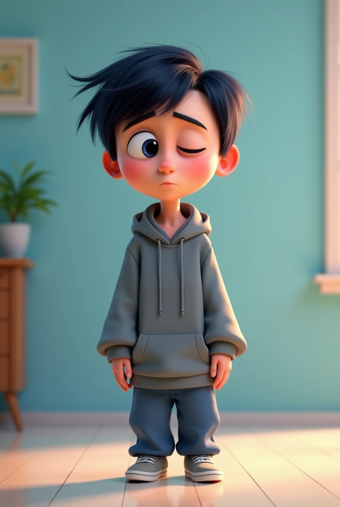 realistic 4D caricature of a big head, a indonesian man age 20 yo, oval face, white skin, hair korean style , wearing sweater, black pant and sport shoes, light . blue and black gradient ,standing pose, grey background