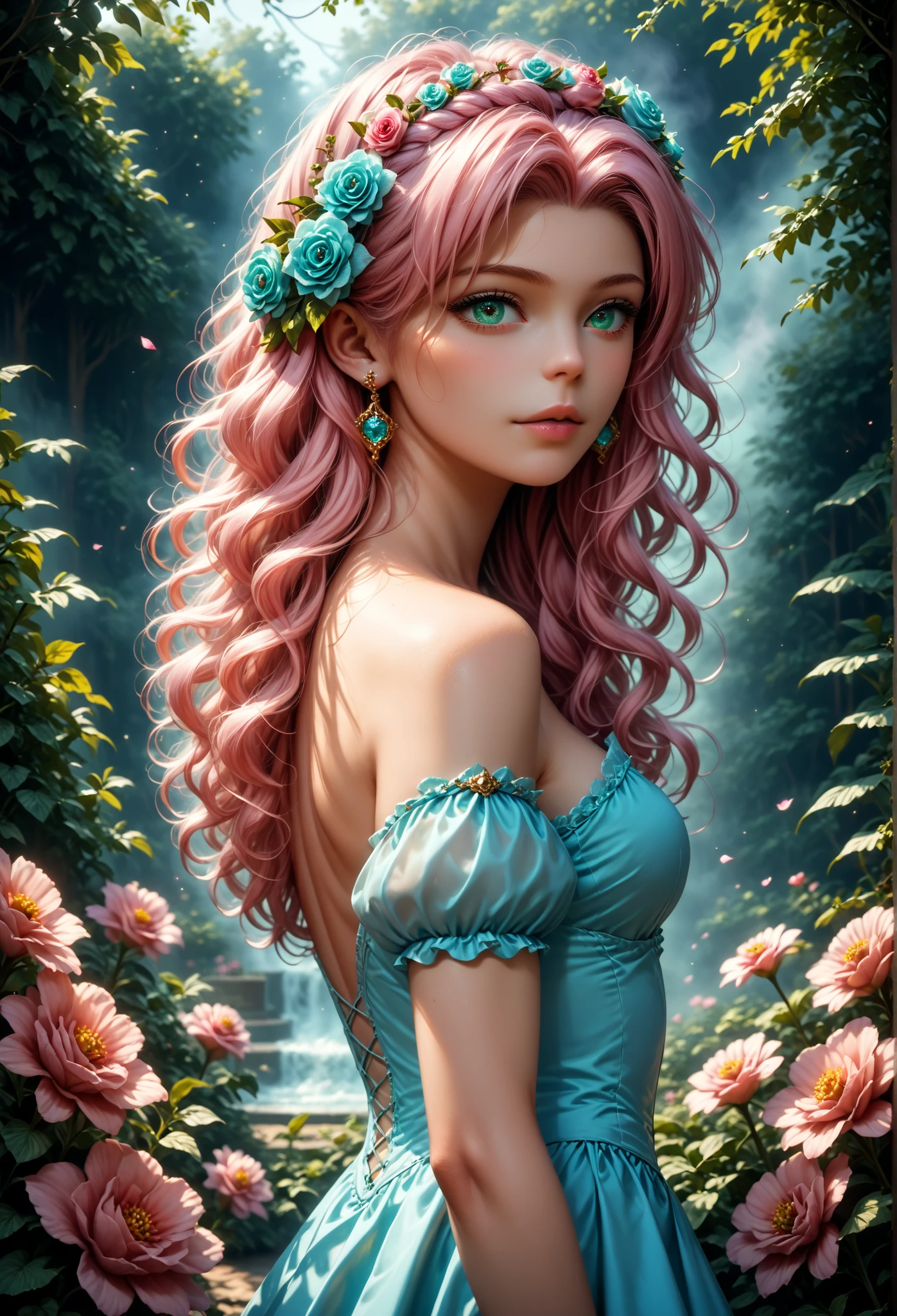 Strange fantasy , Elegant rose , Flower botany , Minimalism with a wave of flowers , garden flowers , floating in foggy pastel pink., aqua green , Pastel apricot , smoke fractal , capricious and very realistic flowers , rendering octane , Josephine's wall painting , Isabelle Menan , Soul, Amy Brown ,check_9,check_8_up,check_7_up,dramatic lighting,very detailed,big budget,hips, widescreen ,capricious, epic,gorgeous,film grain,grainy,masterpiece,is the best quality,perfect anatomy,is very aesthetic,official art,8 k