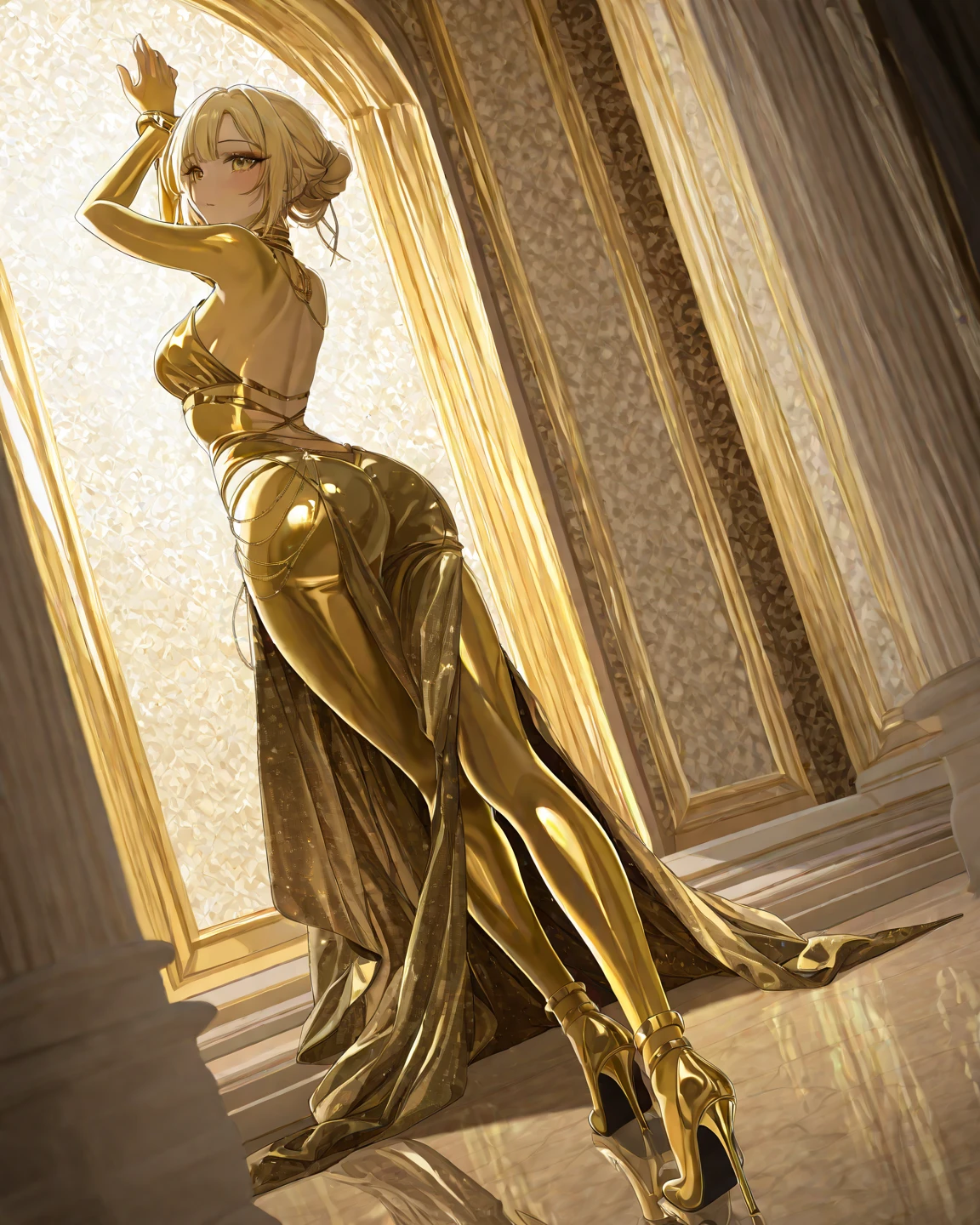illustratio、(top-quality)、(((masterpiece)))、(Hi-Res)、((full body Esbian))、Original、(1womanl)、A sexy、、Blonde woman in golden dress sitting on shelf, Golden dress, sexy dress, elegant gold body, in a gold one piece swimsuit, Blonde goddess, gold clothes, gold body, draped in gold, draped in shiny golden oil, golden goddess, shiny gold, shiny golden bikini, sexy gown, draped in silky gold, revealing stylish dress, Sexy look