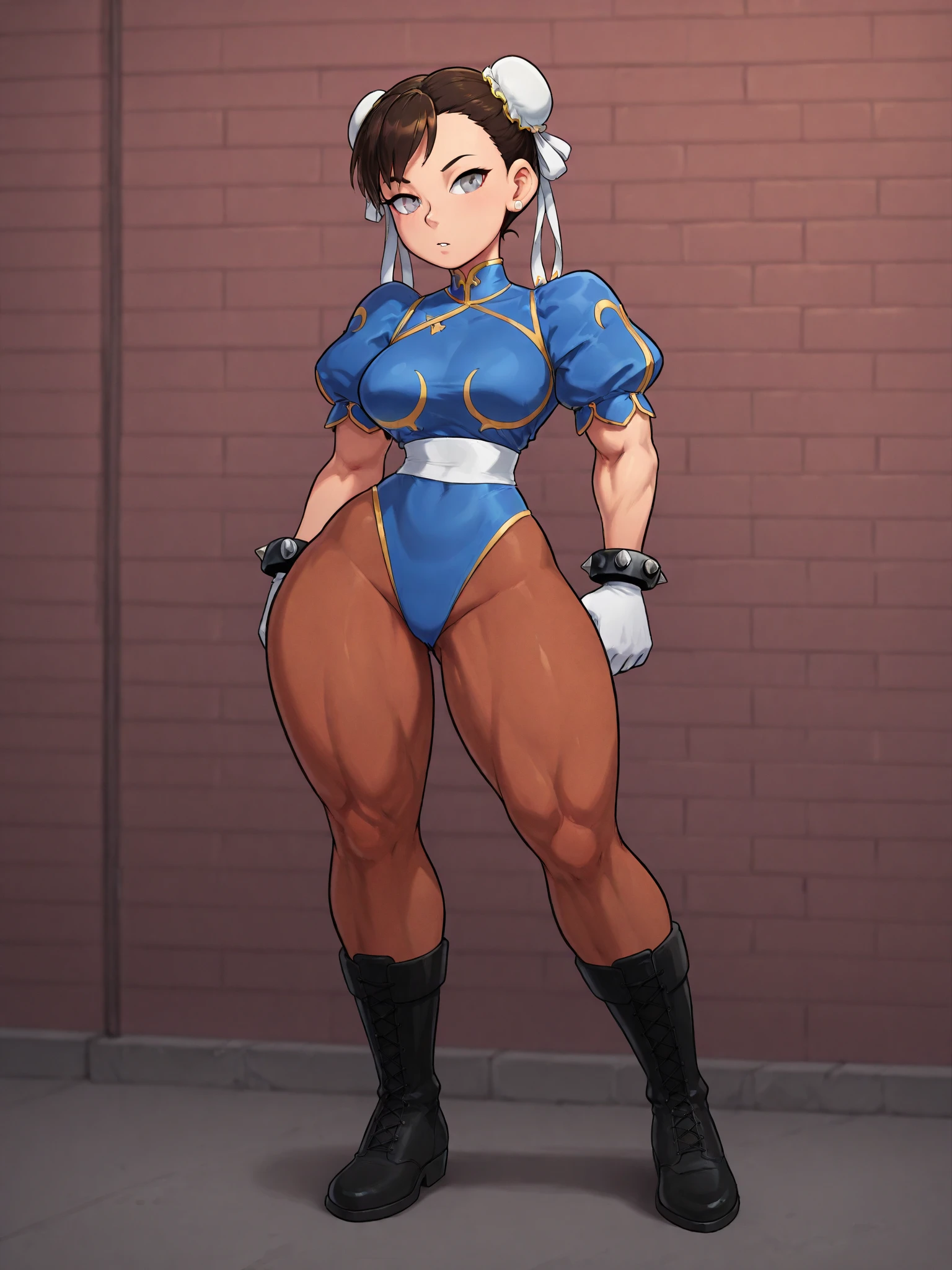 Chun Li, ripped muscle, muscular body, pale skin, smile(blush), nude, cross pendant, sixpack abs, [ultra detailed skin:1.2], 8k uhd, pussy, full body, crowd, public, night, standing,