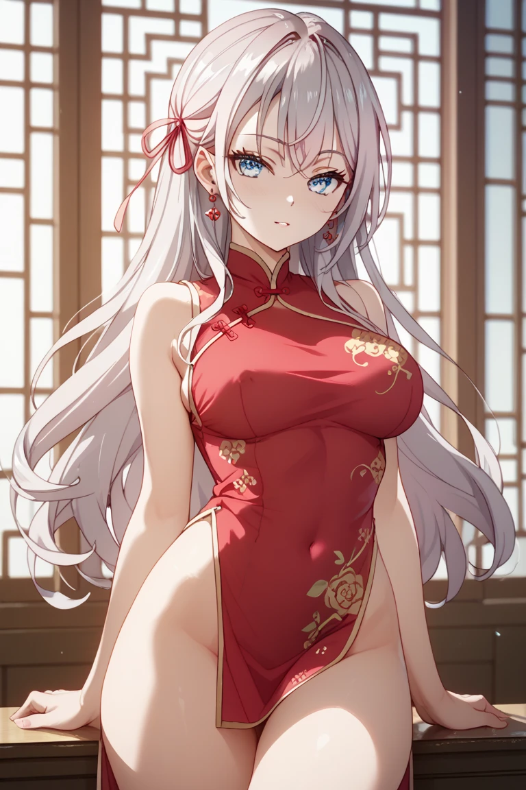 8K,ultraclear,one-girl,Wearing a long red cheongsam,Imperial sister,Around 18 years old,eBlue eyes,Colossal tits,Tight,Face optimization,Stand in the house,Open the thighs,Look at the face,ssee-through,a ball head,Support chest with elbows,china idol,Front Shooting,Wear cloth shoes,nail art,five finger,Standard stature
