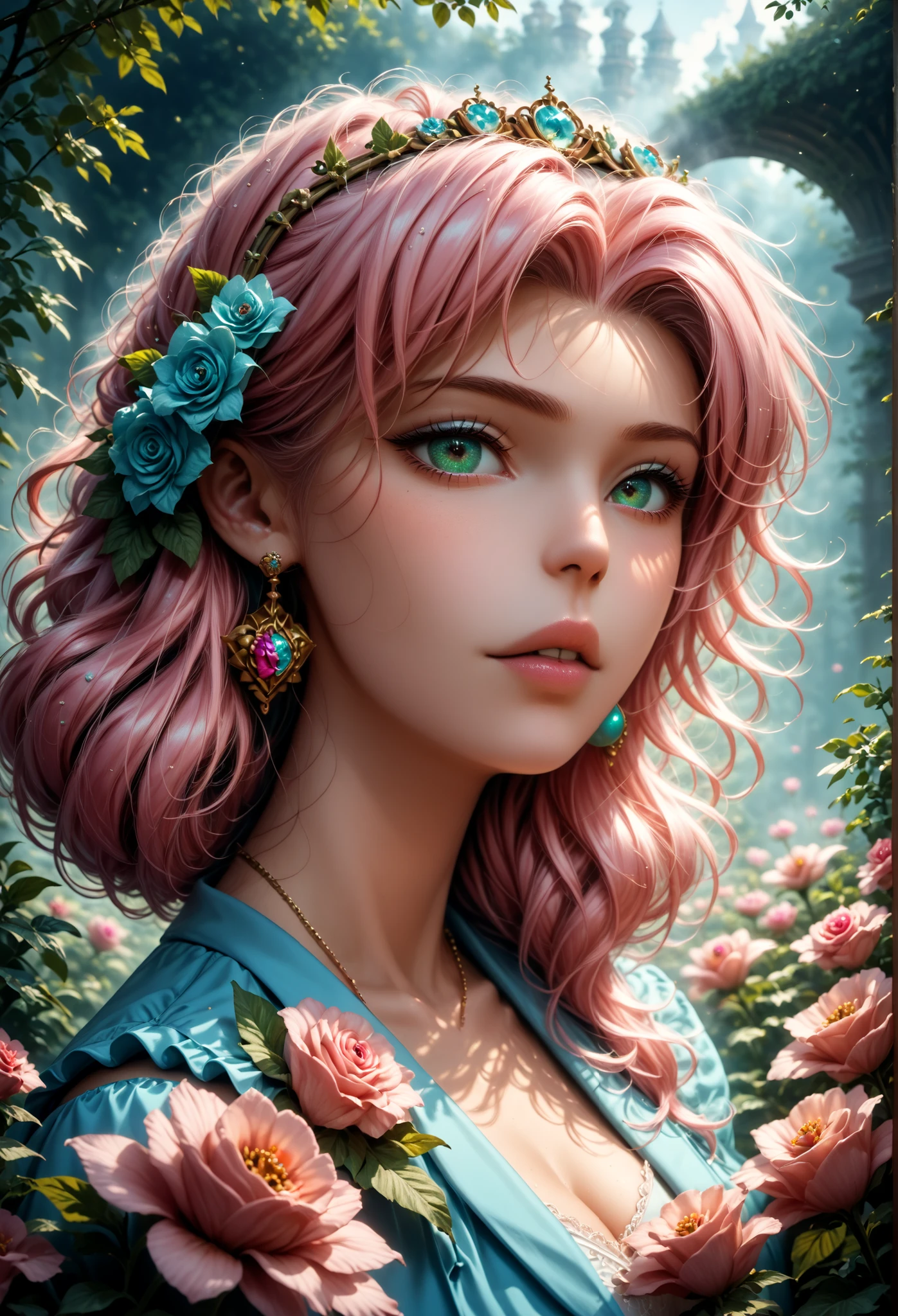 Strange fantasy , Elegant rose , Flower botany , Minimalism with a wave of flowers , garden flowers , floating in foggy pastel pink., aqua green , Pastel apricot , smoke fractal , capricious and very realistic flowers , rendering octane , Josephine's wall painting , Isabelle Menan , Soul, Amy Brown ,check_9,check_8_up,check_7_up,dramatic lighting,very detailed,big budget,hips, widescreen ,capricious, epic,gorgeous,film grain,grainy,masterpiece,is the best quality,perfect anatomy,is very aesthetic,official art,8 k