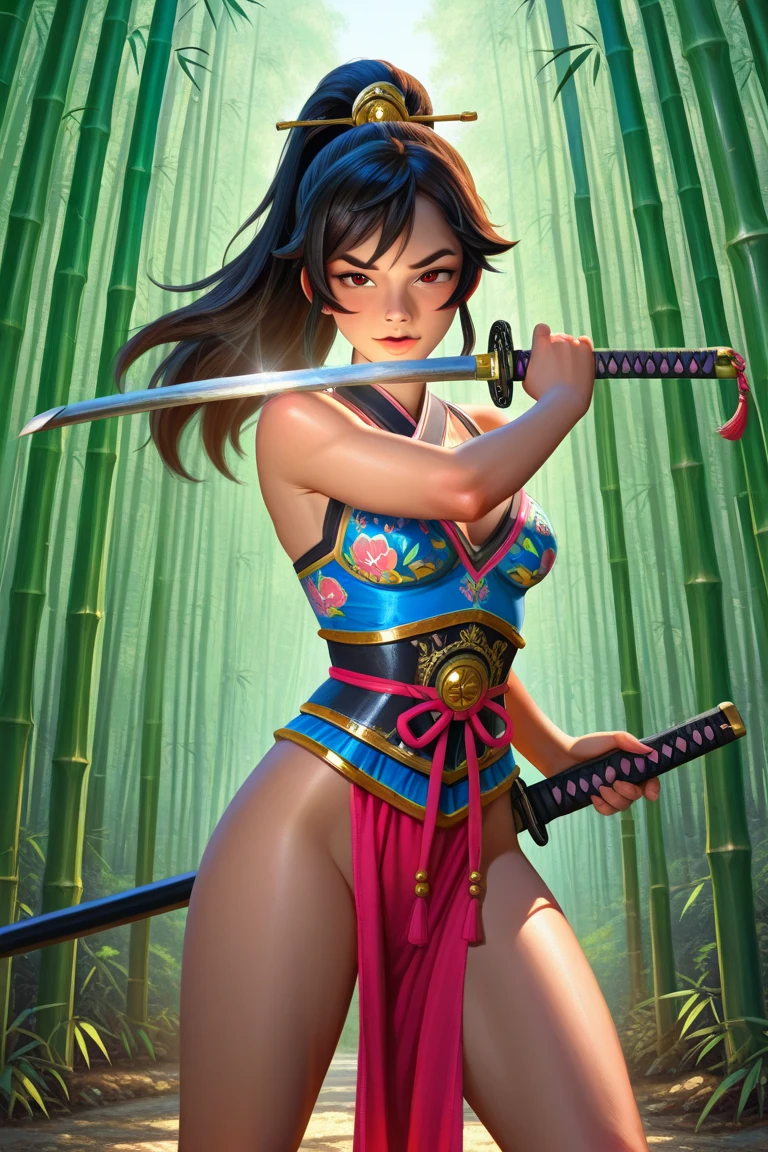 a woman in a bikini holding a sword and a sword, inspired by Masamune Shirow, katana, katana zero video game character, kunoichi, very beautiful cyberpunk samurai, female samurai, style of masamune shirow, unsheathing her katana, pinup. lord of daggers, katana zero, cyberpunk samurai