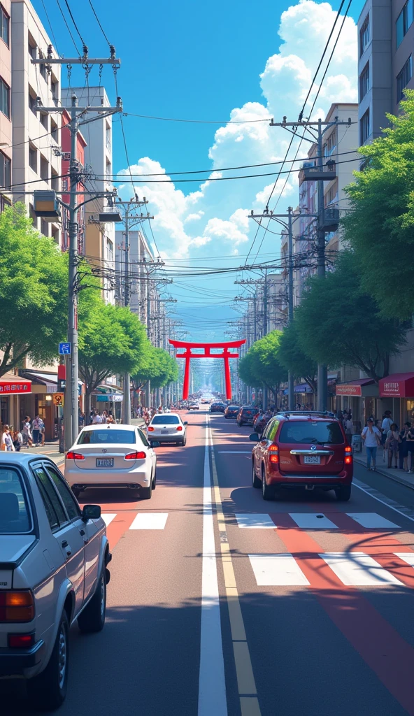 high-definition video、Road to Yasaka-jinja Shrine、arcade stretching all at once from Shijo Kawaramachi、Buildings on the arcade、traffic jams with cars and buses４lane road、Yasaka Shrine torii gate at the end that can be seen slightly far away、colorful and lively cityscape。