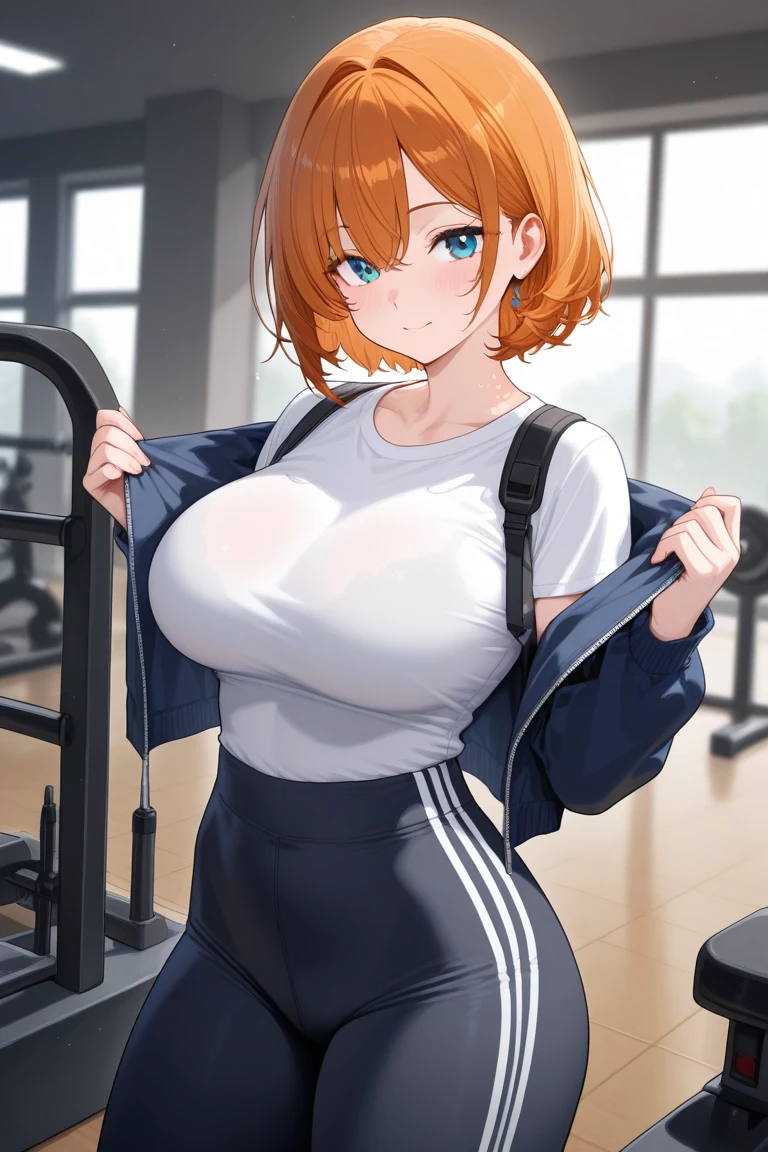 "(best image quality, High resolution, , 8k)、 very big breasts, white elbow-length gloves, Thighhighs、Gym suit、white tank top、 simple background、blush、lure、beautiful face、beautiful body、wet skin、gym shortilf