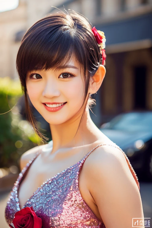 (masterpiece:1.4), (best quality:1.4), ultra high res, ultra high resolution, ((detailed facial features)), HDR, (realistic, photorealistic, photo-realistic:1.37), full body, sexy seductive Vietnamese woman, (seductive smile), (slim girl), long lashes, multicolor metallic makeup, vivid colors, (multicolor very short hair), fair skin, elegant posture, wearing large sparkling colorful jewelery, wearing a red Lolita cosplay dress with black floral embroidery, rainbow-colored butterflies flutter around, it is in a Eastern setting, japanese park in background, lush garden, sunny, in focus, gentle sunlight shining, casting a soft glow on her face, adding warmth to the scene, vibrant colors, capturing the essence of vibrant city life, portrait style, showcasing her natural beauty and grace in a feminine way