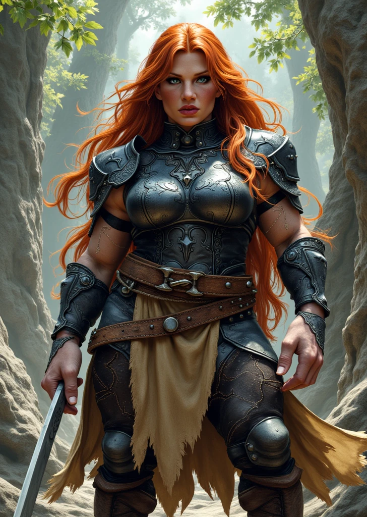 A fierce redhead warrior, Red Sonja, in chain mail, very sexy, full of blood, with a wooden shield and an axe, in a closed forest landscape, autumn, blood stains , dramatic lighting, art inspired by Bill Sienkiewicz
