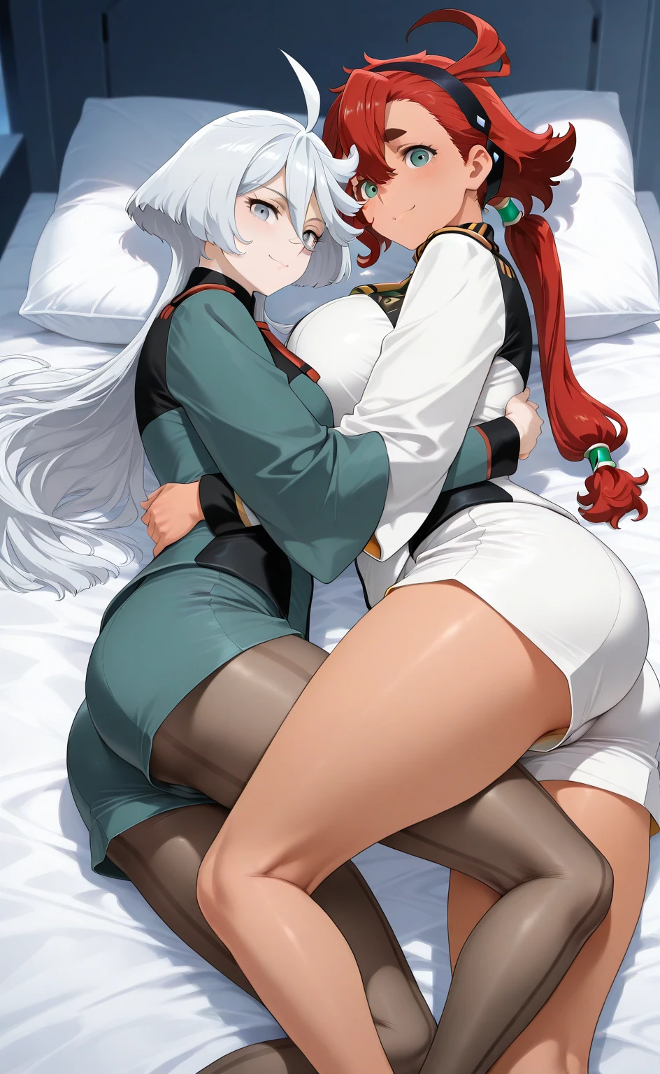 full color 8k,Red hair ponytail female barbarian 1,Silver hair short cut female thief 1,Blonde long hair witch 1,hugging in bed
