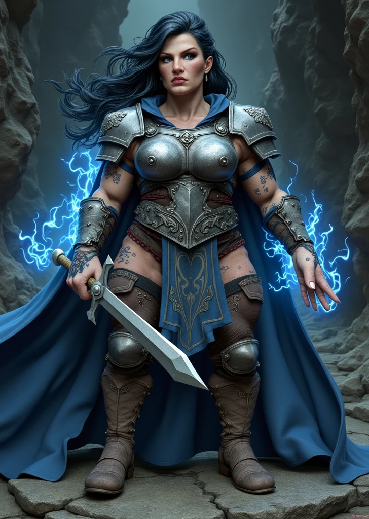 Aletta Ocean, angry evil beautiful and muscular, Nordic female, towering storm Giantess with blue black hair in a ponytail, older and mature woman, throwing a lightning ball, celtic glowing tattoos, wearing nordic steel runic plate mail Armour , temple cave background with lightning storm, glowing blue eyes, square jaw, powerful and imposing, winter clothing, pale blue purple skin, ((full plate celtic dragon armour)), nordic tattoos, fit bodybuilder, facing the camera , ultra detailed