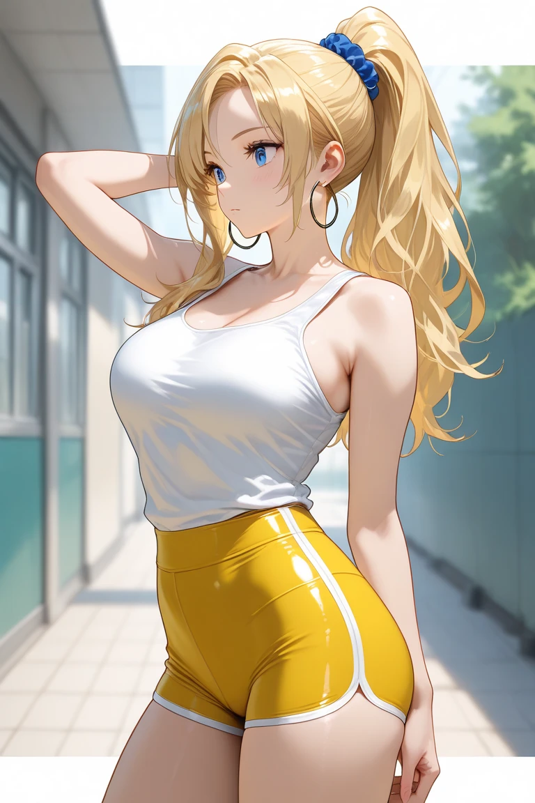 (masterpiece, best quality) 1.5, 1girl, solo, (sexy, beautiful woman, perfect face, perfect eyes), samus aran, leather legging pants, tired, white t-shirt with neckline, white sneakers, running in the park, (blue eyes, blonde hair, ponytail) --auto --s2