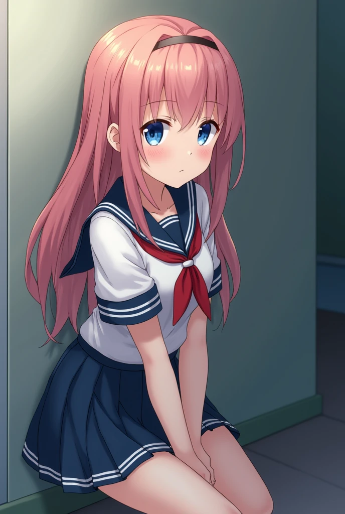 masterpiece, best quality, highres, gotou1, gotou hitori, solo, skirt, uniform, classroom, sailor collar, bangs, hair between eyes, shaded face, wavy_mouth, closesd_mouth, upper_body, standing, embarrassed, surprised, hands down