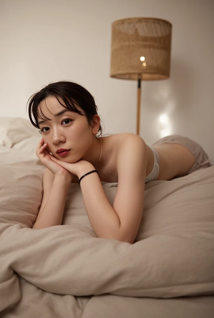 there is a woman that is laying down on a bed，Holding a laptop, xintong chen, posing in bed, late night melancholic photo, gorgeous chinese models, sexy gaze, dreamy night, beautifully soft lit, Attractive pose, thoughtful pose, sexy look at the camera, Very seductive pose