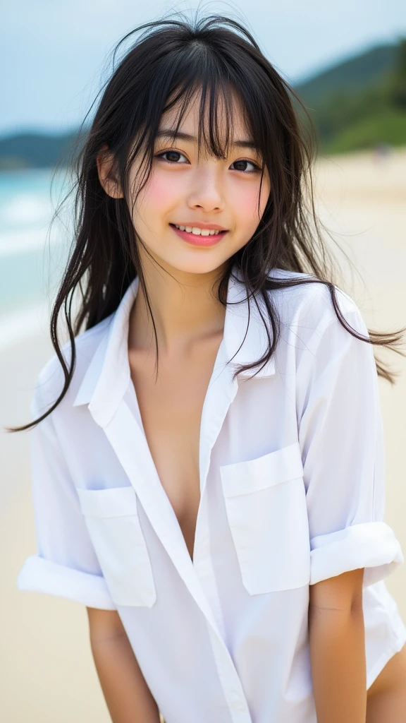 (8K, Top Quality, Masterpiece: 1.2), (Realistic, Photorealistic: 1.37), Ultra HD, Japanese idle (Japanese actress) Yui Aragaki, 1girl laying on beach, detailed portrait with beautiful detailed eyes and a blushing nose that makes you look cute and solo. ((very oversize shirt, buttoned shirt, open shirt,collared shirt,white shirts)), (man shirt), no bra, collarbone, (small breasts:1.2), small, (long hair:1.2), The full body is visible with the head resting on the hand, revealing a pretty face, long hair tied low, and lips. The scene is lit with professional lighting, photon mapping and radiosity, looking at viewer, The background features beautiful palm tree and a bokeh effect. She smiled a little and closed her mouth.