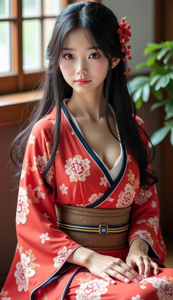 araffe girl in a kimono dress posing for a picture, in kimono, elegant Japanese girl, wearing kimono, Japanese model, Japanese kimono, Japanese goddess, traditional Japanese, in a kimono, wearing a kimono, pale and coloured kimono, white hanfu, kimono, wearing simple robes, classic kimono, wearing silk robe, wearing a simple robe, Japanese Girl, heonhwa choe , Large breasts, show breasts, light black hair, Large Breasts, Hide hands, Super Kawaii girl,18 years old, Super Slim,