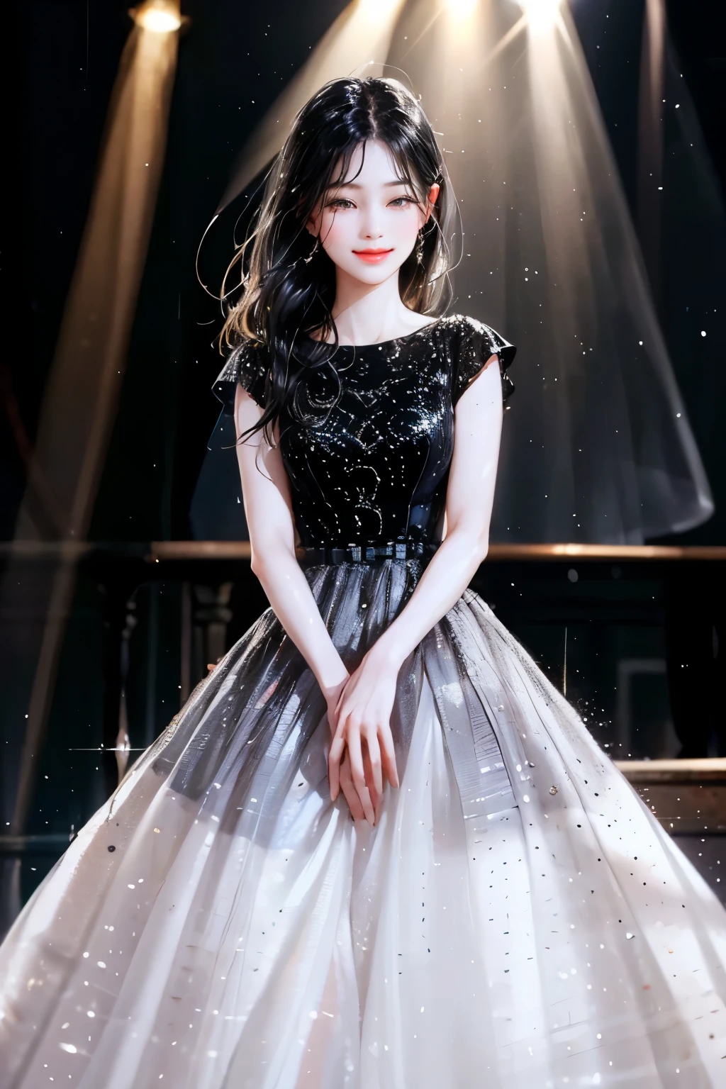 woman, long black hair, elegant, spotlight, shinning, actress, on the stage, smile, beautiful woman, luxury, half body, close up