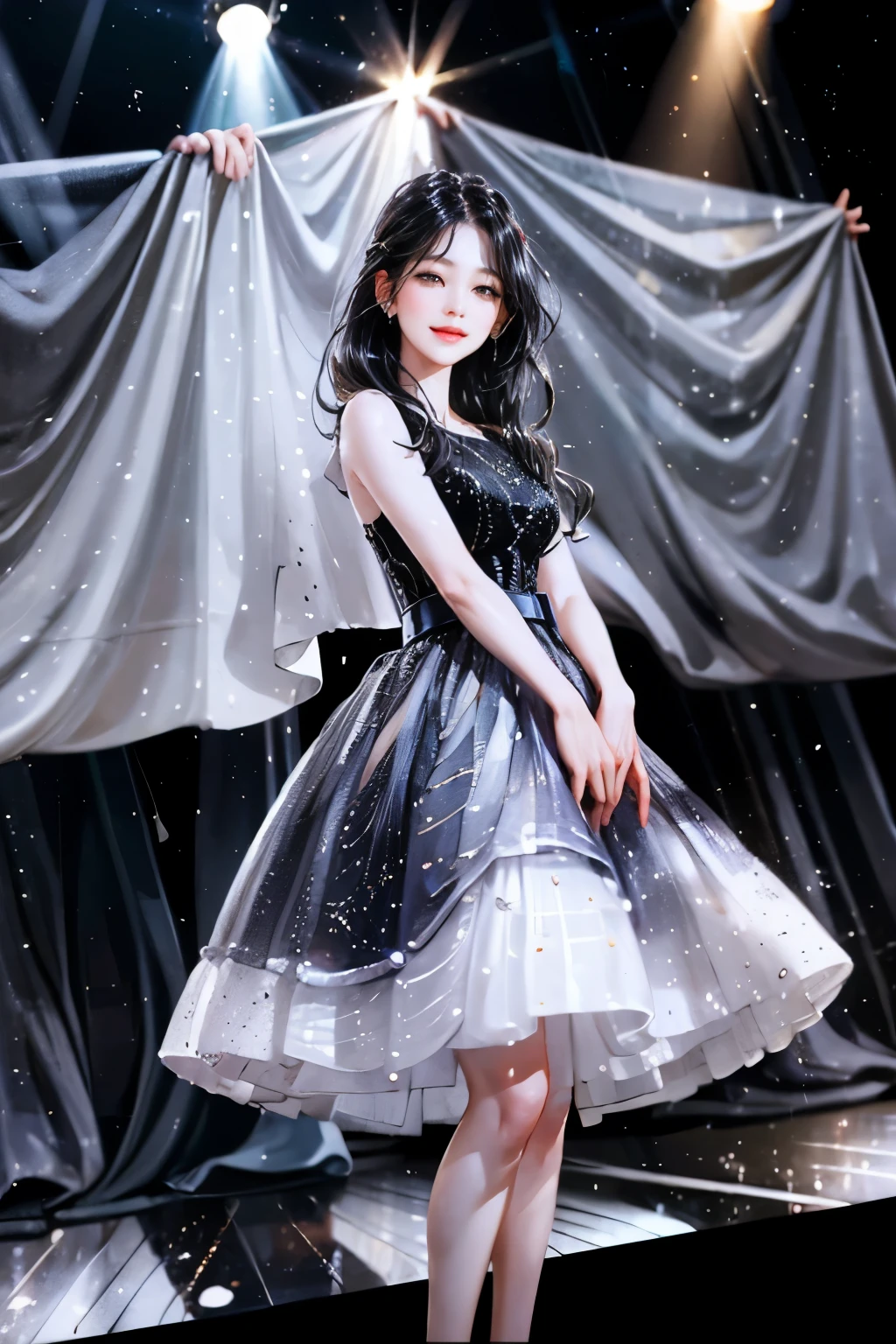 woman, long black hair, elegant, spotlight, shinning, actress, on the stage, smile, beautiful woman, luxury, half body, close up