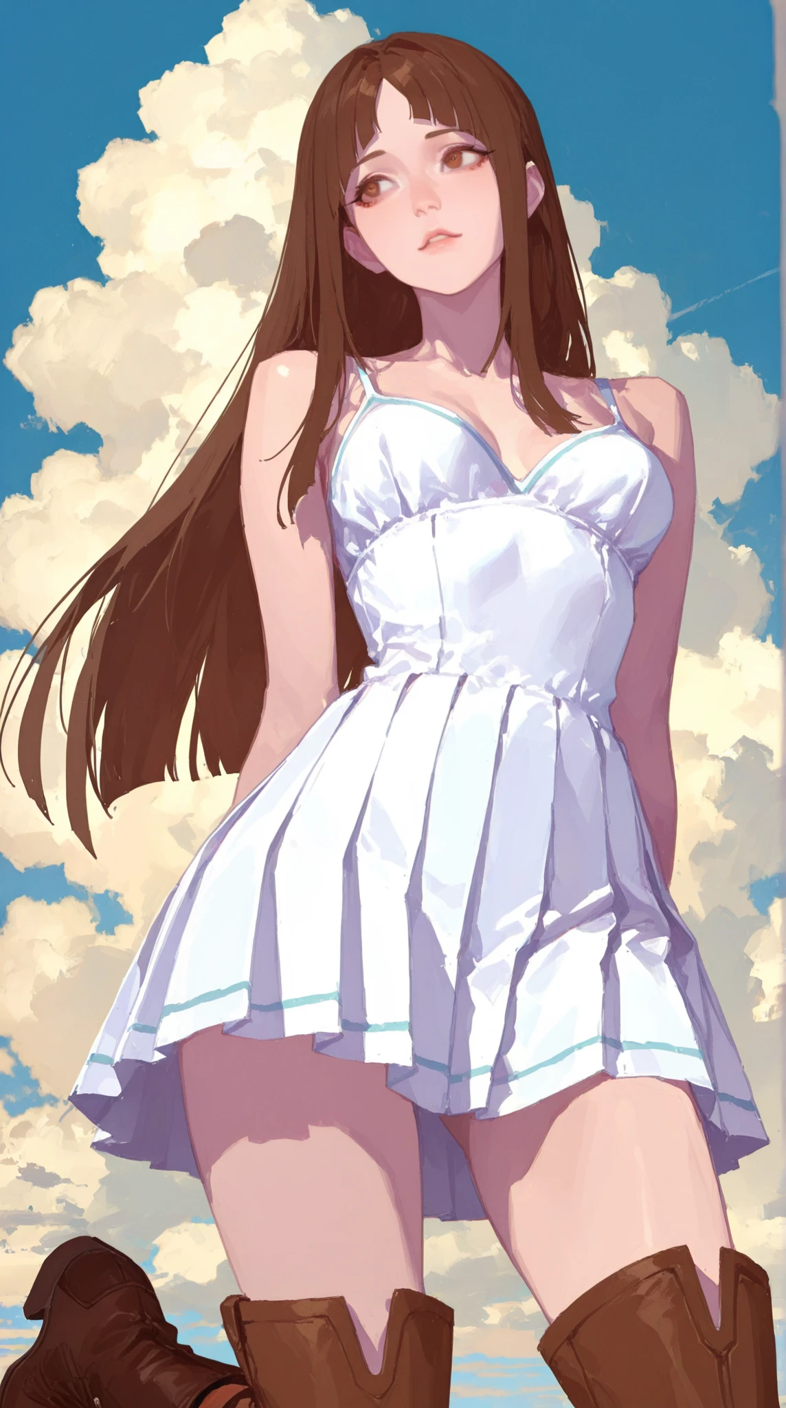 Anime illustration Aoikan, 1 person, pink slender Line dress, white panties, white bra, Big Breasts、 blush, Cute Smile Open your mouth, Are standing, (She walked along the starry beach at night, touched the water with bare feet, and came closest to that smile), Skirt Lift, barefoot, Two Arms, (cinematic angle:1.1),