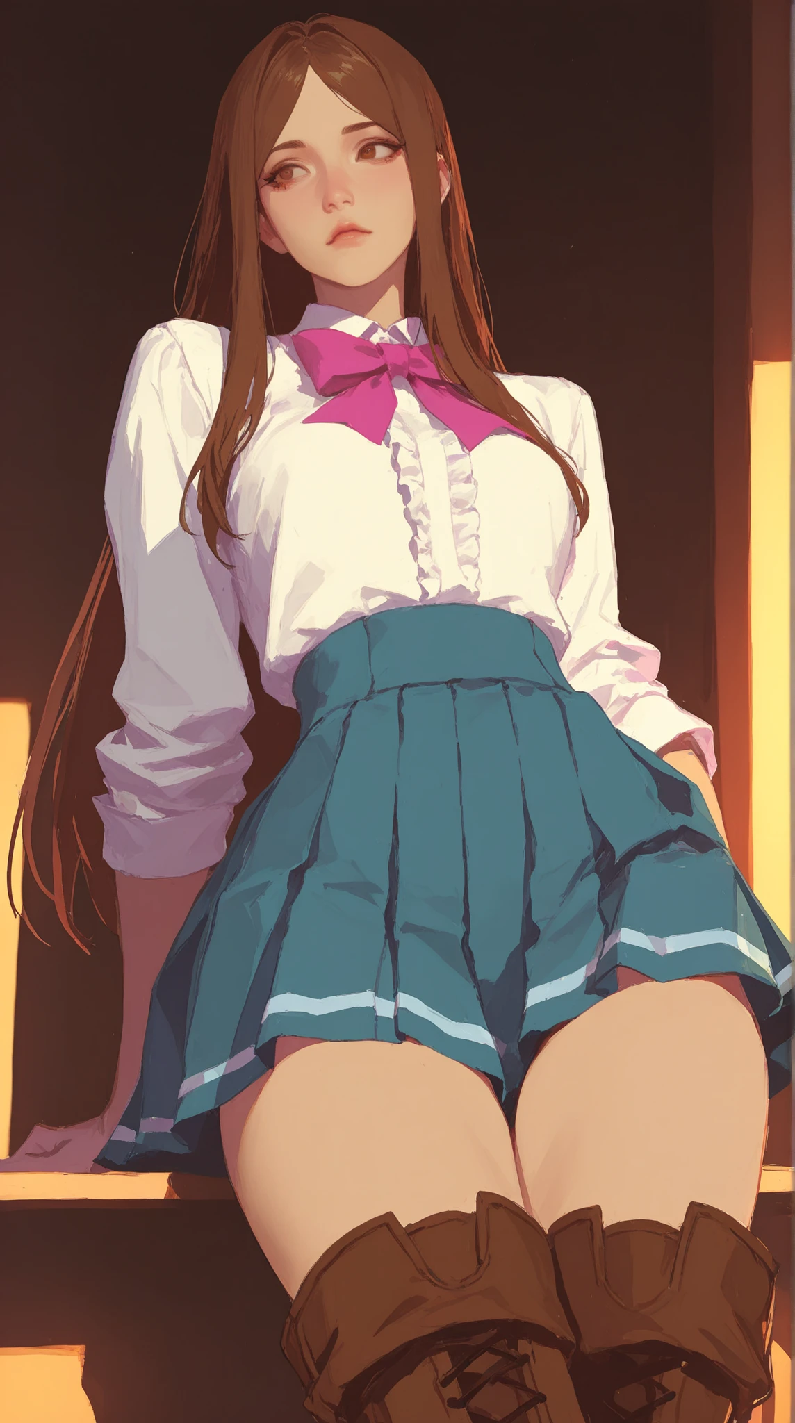 1 beautiful girl of 20 years old, anime girl, climbing into bed, in the room, home interior, brown hair, bangs, hair over shoulder, long hair, messy hair, wavy hair, hair one side up, bangs pinned back, hair scarf, hair ornament, hairclip, heart hair ornament, raised eyebrows, aqua eyes, wide eyes, heart earrings, blush, bright pupils, puckered lips, confused, pensive, a finger on her lips, jewelry, glossy lips, necklace, pink blouse, small blouse, long sleeves, back neckline, navy blue skirt, short skirt with ruffles, yellow panties, panties with lace, exposed panties, big and round breasts, thin waist, shapely thighs, open legs, shows her ass, wallpaper, detailed eyes, extra detailed face, Highly detailed CG, she leans forward, skirt lift, (upskirt:1.3), from behind ,(view from behind), from below, from side, looking back at viewer, pov, illustration, high detail, anime, Art Deco, glowing light, dithering, image fill, framed, perspective, Wide-Angle, f/1.8, 85mm, 135mm, Sony FE, 8k, super detail, UHD, retina, masterpiece, accurate, anatomically correct, high quality, best quality, highres