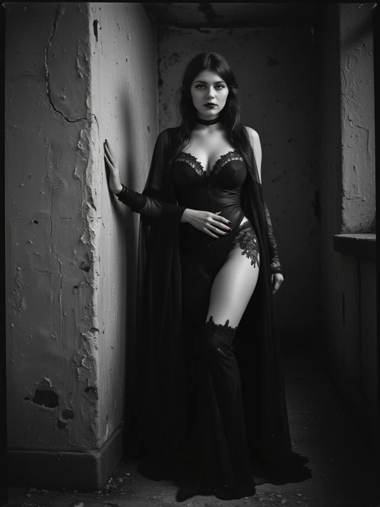 Full body photo，Long black hair to the waist，Wearing black sexy lingerie，Draped in a black coat，Wearing black suspender stockings，Wear black stiletto heels that don't show your toes，Painted with delicate makeup，Facial fascination，Has long legs and big breasts，Korean young woman